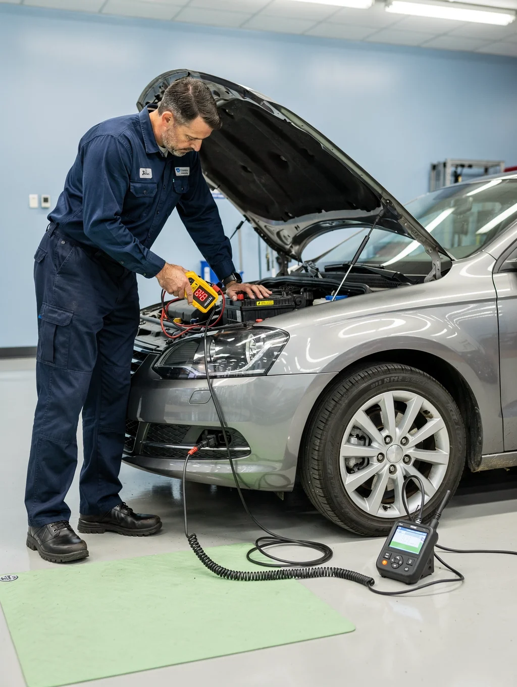 Technician testing a car battery with a multimeter