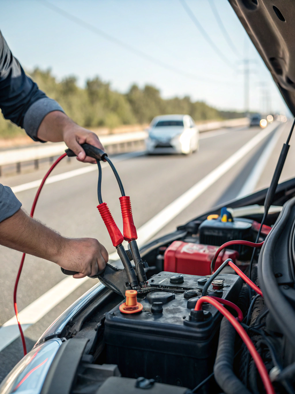 Technician connecting jumper cables to a dead battery