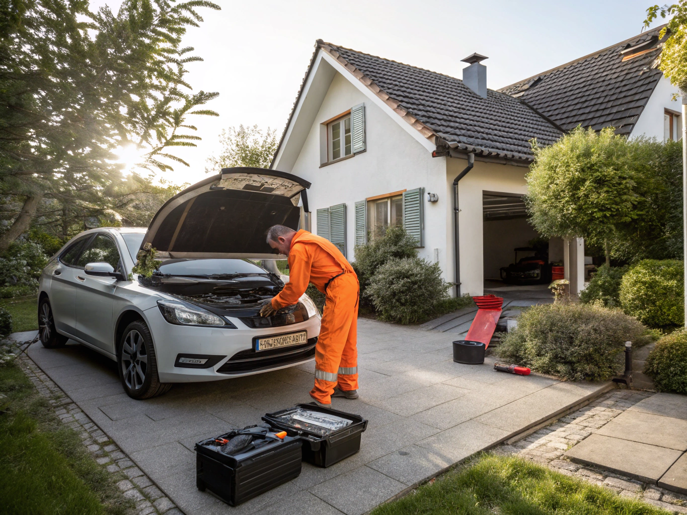 Technician replacing a car battery on the roadside