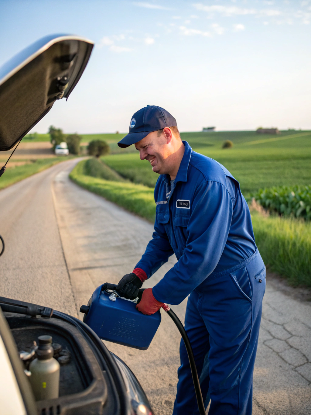 Technician pouring fuel into a stranded car