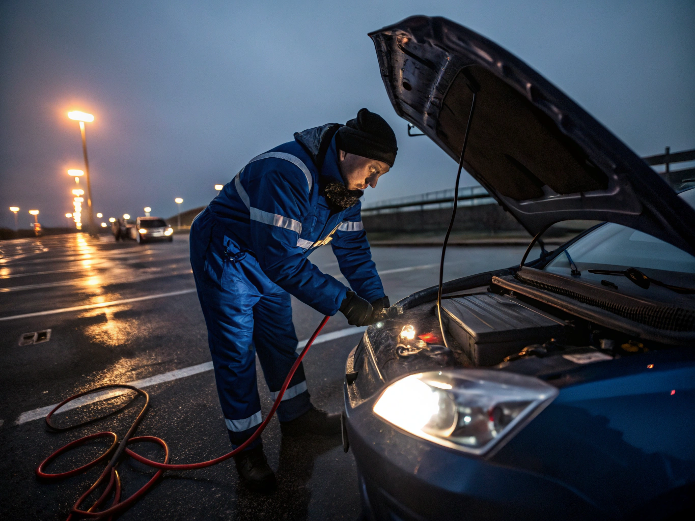 Technician connecting jumper cables to a car battery