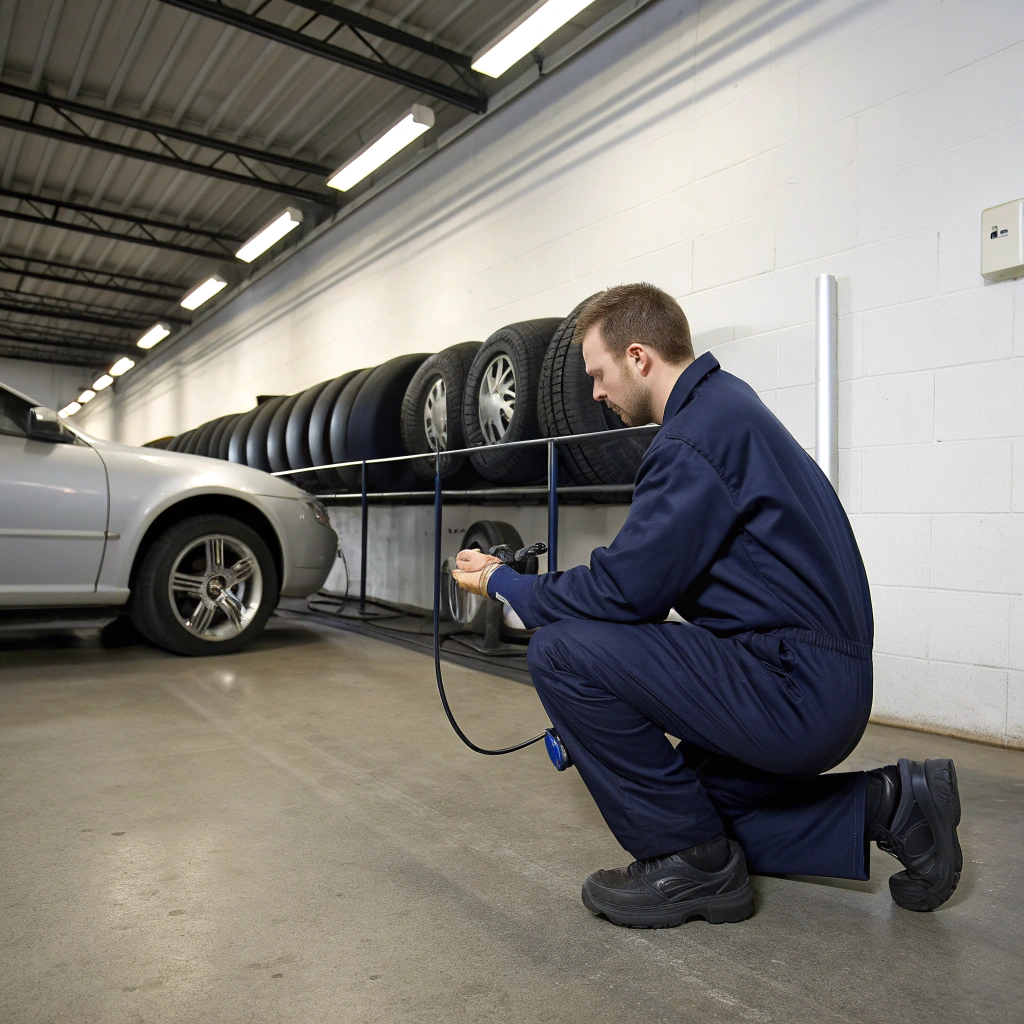 Technician checking tire pressure with a digital gauge
