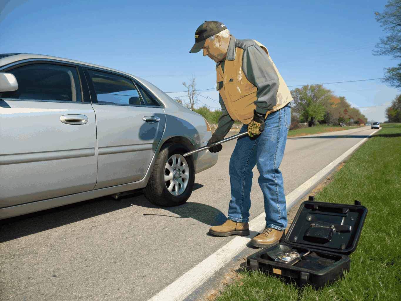 Technician installing a spare tire on a highway