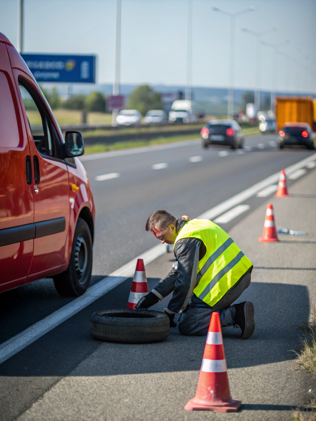 Technician changing a flat tire on a busy street