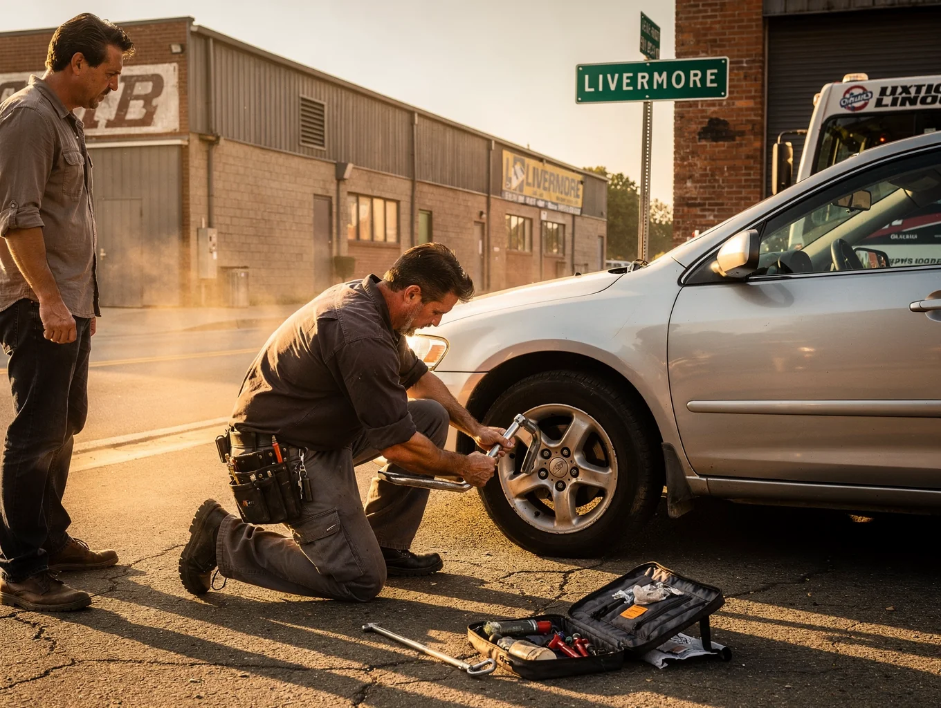 Technician inspecting a tire on a busy roadside