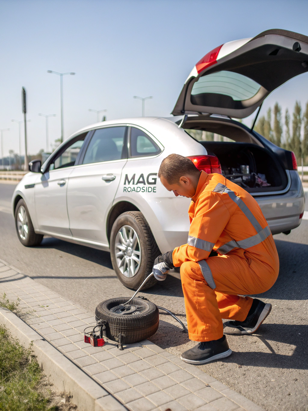 Technician changing a flat tire on a sedan at night